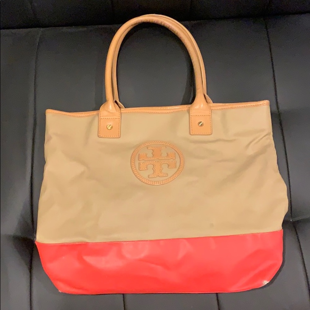 Tory Burch Tan and Red Tote Bag